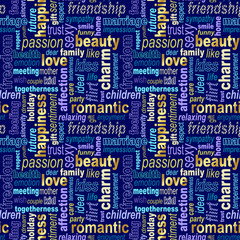 Words collage seamless background. Woman's important feelings, wishes and thoughts theme. Bright blue, purple, yellow and gold colors. Vector illustration.