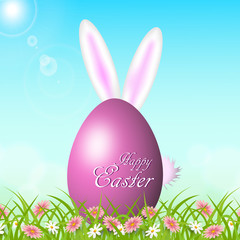 Spring landscape with flowers and Easter eggs and bunny ears