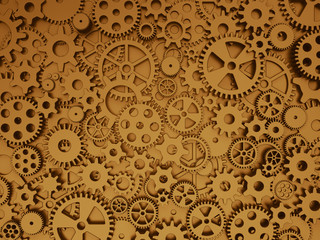 Crazy mechanics background. Bronze gears and cogs. 3d illustration