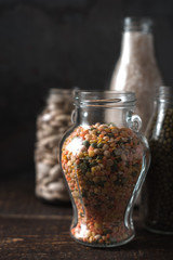 Lentils, rice, large white beans in glass jars