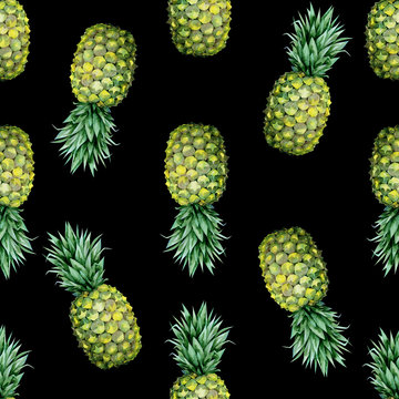 Seamless watercolor fruit illustration of pineapple. Pattern with tropic summertime motif may be used as background texture, wrapping paper, textile or wallpaper design. 