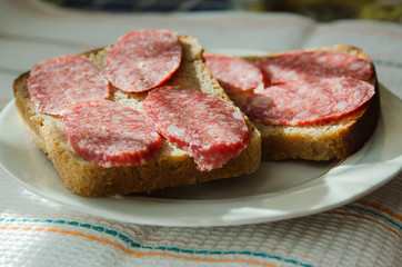 sandwiches of black bread with smoked sausage lies on a plate