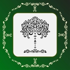 Pattern birch black ornamental frame/ white card gradient green background 