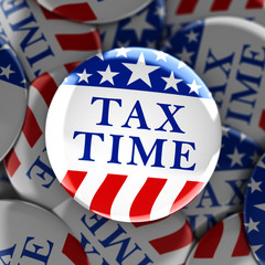 Tax time written on a red, white, and blue button