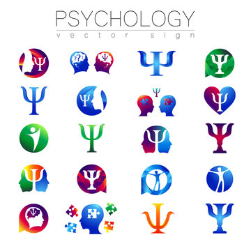Modern head sign Set of Psychology. Profile Human. Creative style. Symbol in vector. Design concept. Brand company. Green orange blue violet color isolated on white background. Icon for web, print
