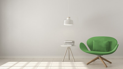 Scandinavian minimalistic background, green armchair with table and pendant lamp on herringbone natural parquet flooring, interior design
