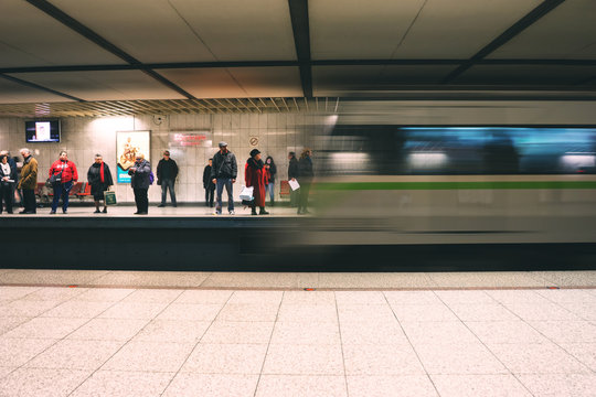 ATHENS, GREECE - FEBRUARY 10, 2017: Metro train speeding up in the subway
