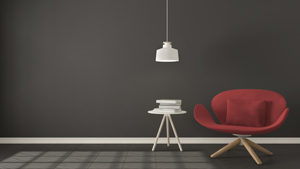 Scandinavian minimalistic background, red armchair with table and pendant lamp on herringbone natural parquet flooring, interior design