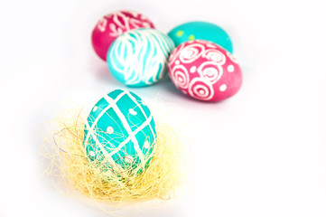 Arrangement of beautiful Easter eggs. Handmade . A festive moo

