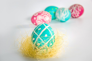 Arrangement of beautiful Easter eggs. Handmade . A festive moo

