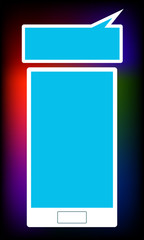 Illustration of white smartphone and message bubble. Blurred colorful background with copyspace