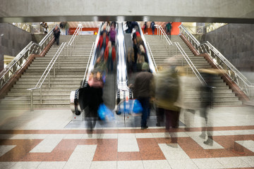 Passengers in the subway station in Athens, Greece. Blurred motion.