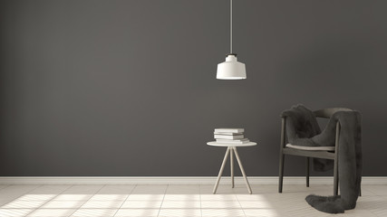 Scandinavian white and gray background, with table and pendant lamp on herringbone natural parquet flooring, interior design