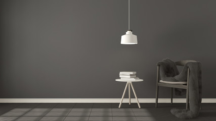 Fototapeta na wymiar Scandinavian gray background, with table and pendant lamp on herringbone natural parquet flooring, interior design