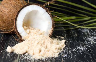 Coconut fruit and sugar with leaves © creativefamily