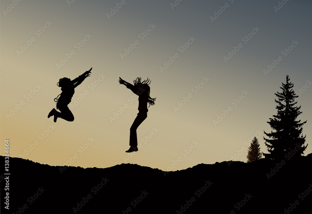 Wall mural silhouette of two jumping girls with long hair on the wilderness. sunset.