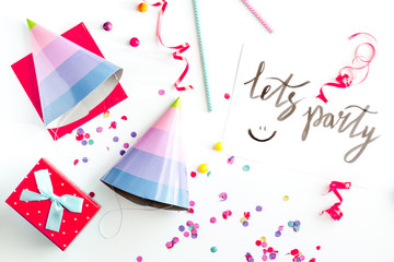 concept birthday party top view on white background mock up