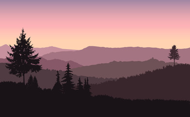 Mountains landscape. Silhouette of coniferous trees. Evening. Violet and yellow shades.