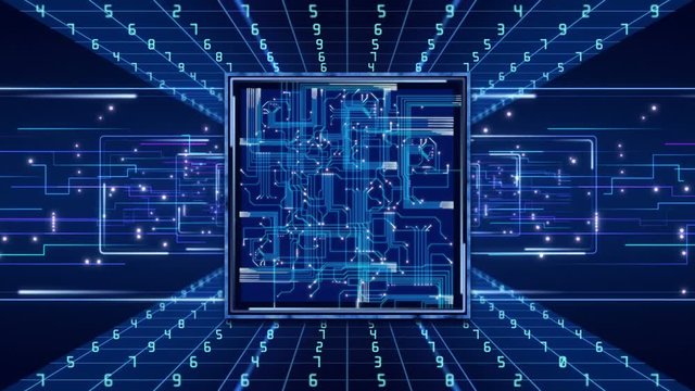4K Futuristic technological abstract motion background, floating circuits, charts, digits, other technological elements.