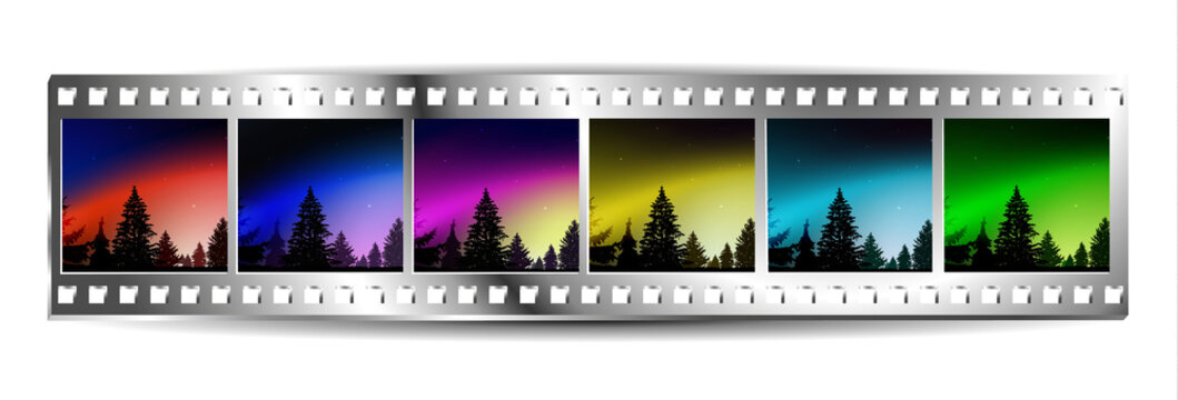 Film  strip  with set of six colorful nature landscapes. Night. Northern lights. Silhouette of pine trees.