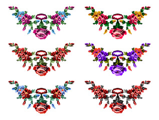 Set of colorful female collars. Bouquet of wildflowers (lilia, roses). Embroidery. Pixel art.