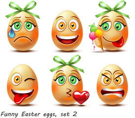 Happy Easter emoticons: set of 6 funny egg-shaped emoji in cartoon style (set 2/3) - obrazy, fototapety, plakaty