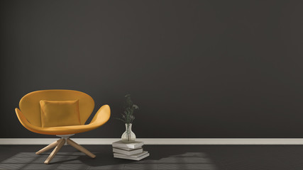 Scandinavian minimalistic background, with orange armchair on herringbone natural parquet flooring, interior design