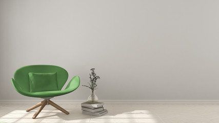 Scandinavian minimalistic background, with green armchair on herringbone natural parquet flooring, interior design