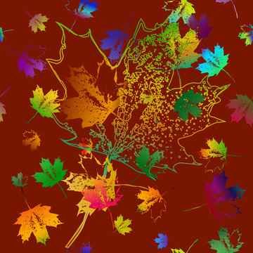 Seamless pattern of falling maple leaves. Brown background. Can be used as poster, wallpaper, backdrop, background...