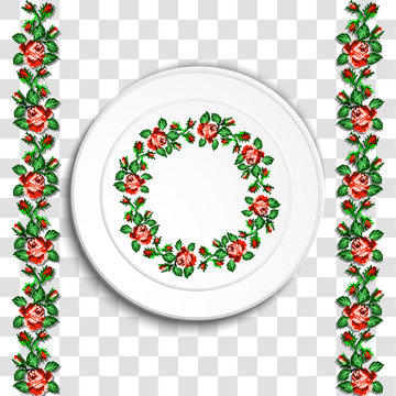 Table appointments in restaurant.. Decorative plate with round ethnic ornament. Ukrainian style.  Floral rose pattern. Vintage background of napkin. Green and red tones.