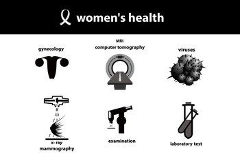 Fototapeta premium Set of medical icons. Women`s health. Silhouette of womb, mri, viruses, breast diagnostic, laboratory examination.