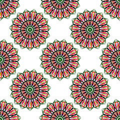 Fototapeta na wymiar Colorful texture with flowers, boho floral decorative ornament. Mandala pattern, seamless folk background 
