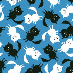 Seamless  black and white cats pattern. Cute animal texture for kids textile, wrapping paper, covers, backgrounds