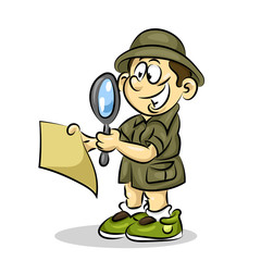 archeologist man at expedition with map and magnifier