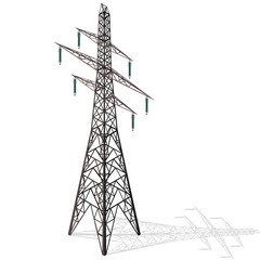 Vector high voltage pylon on white background in isometric 3d perspective. Metal pole voltage, isolated background. Industrial illustration. Power line pylon with safety locks. Nuclear facilitie power