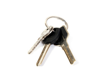 details of key ring with various door and car keys against a white background