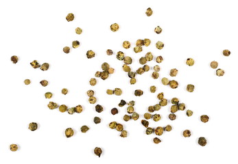  pile dry green peppercorn isolated on white , top view