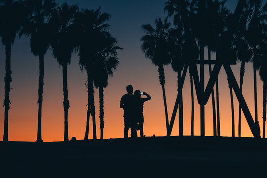 Silhouette of couple by palm trees photographing sunset