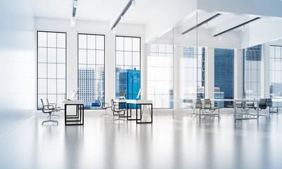 Office interior design in whire color and rays of light from window