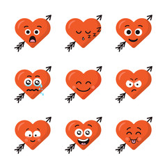 Set of different emoticons emoji heart faces with arrow isolated on the white background. Happy and sad faces. Collection of nine smiles.