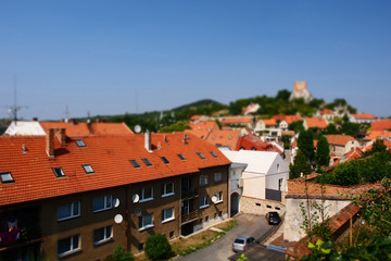 Fototapeta na wymiar The view of Mikulov city from the top with tilt-shift effect, Czech Republic.