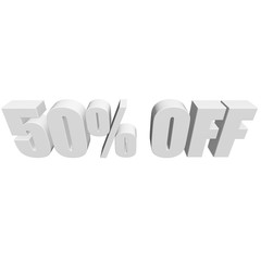 50 percent off letters on white background. 3d render isolated.