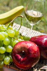 Picnic concept - wine and fruits