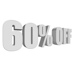 60 percent off letters on white background. 3d render isolated.