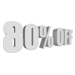 80 percent off letters on white background. 3d render isolated.