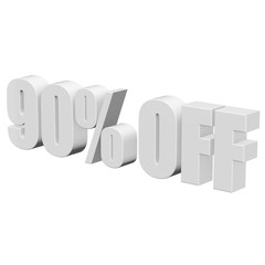 90 percent off letters on white background. 3d render isolated.