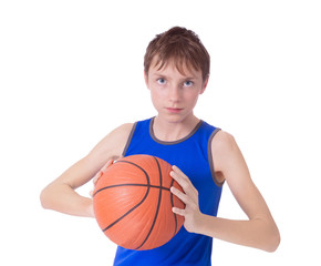 Teenager with a ball for basketball. Isolated on white background