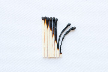 stage of burning matches on a white background closeup