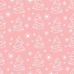 Winter seamless pattern with Christmas tree in origami form and snowflakes.