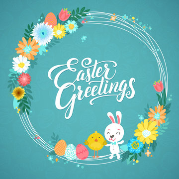 Happy Easter Calligraphy Greeting Card. Modern Brush Lettering and Floral Wreaths. Joyful wishes, holiday greetings. Pastel background.